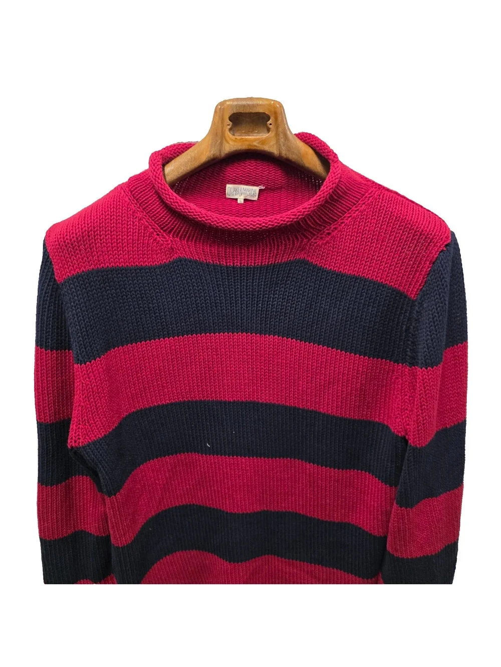 Quaker Marine Supply Fishermans Sweater Roll Neck Mens L Navy red Chunky 22.5x29